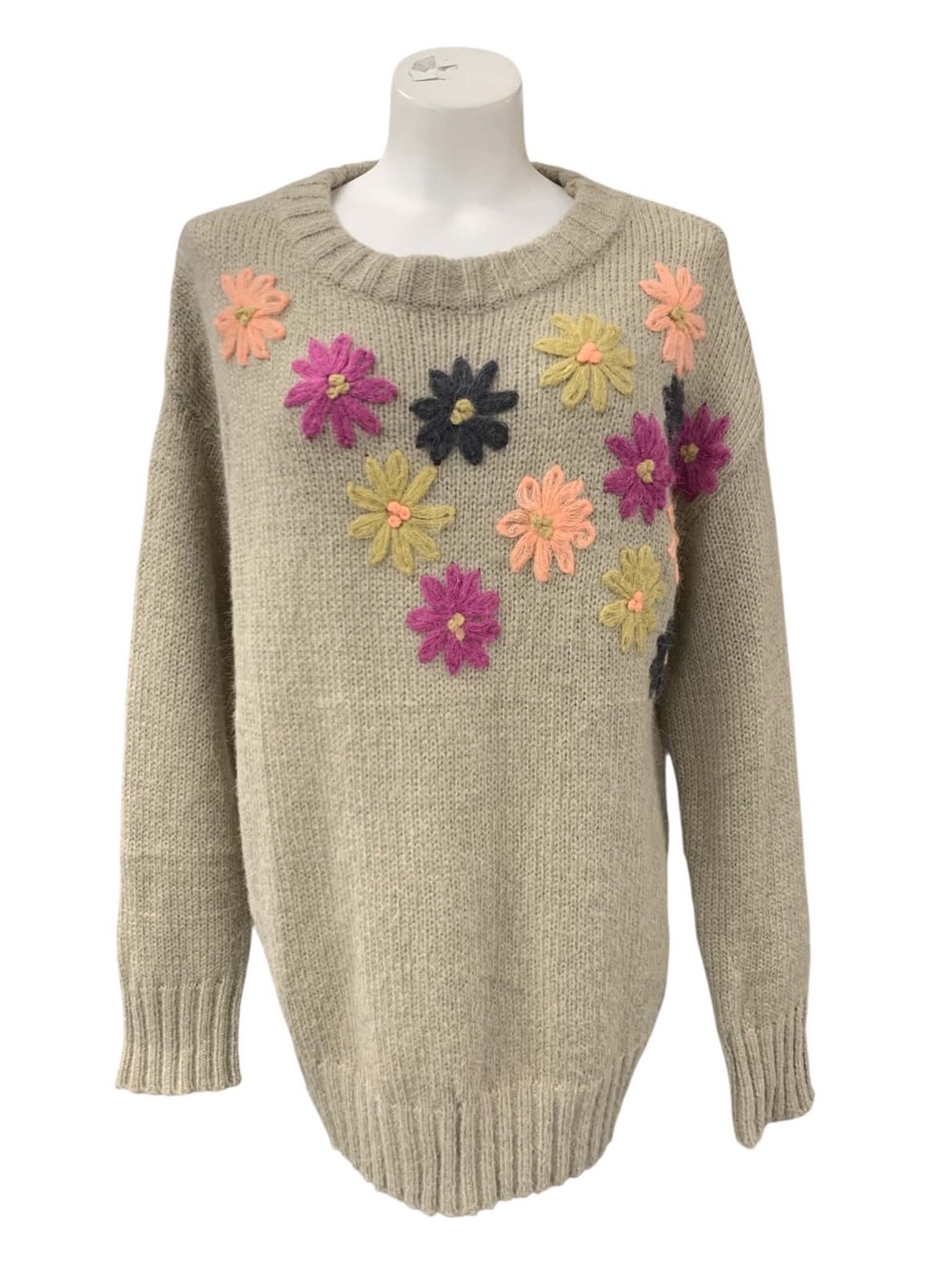 Pink Martini Floral Applique Crewneck Sweater in Beige Size S